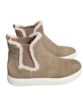 Lucky Brand Taupe Suede Shearling-Trim Slip-On Booties
